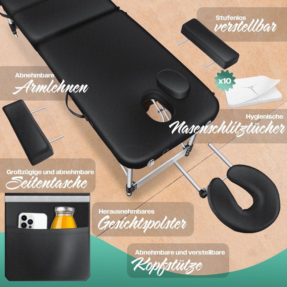Mobiler Massagetisch 70 cm breit, klappbar und höhenverstellbar, 3 Zonen, Massagetisch, Schminktisch, Behandlungstisch