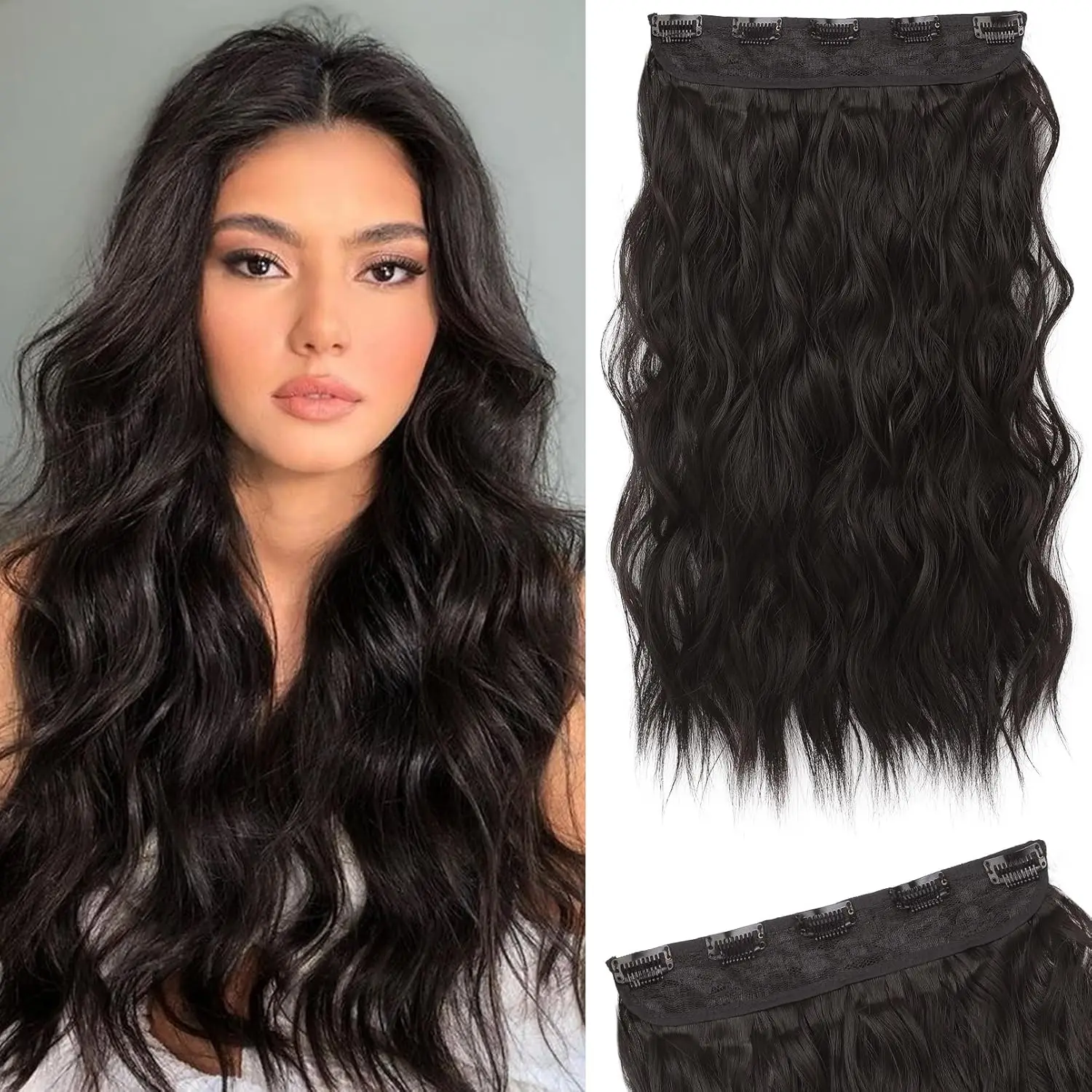 Clip-in-Haarverlängerungen mit Körperwelle, einteilig, 5 Clips, 3/4 Ganzkopf-Clip-in-Echthaarverlängerungen für Frauen, 100 % echtes Echthaar