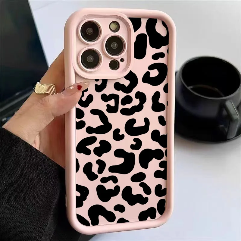 Black Leopard Print Pattern Silicone Phone Case For iPhone 11 12 13 14 15 16 Pro Max 16E X XS XR 7 8 Plus SE 2 Shockproof Cover