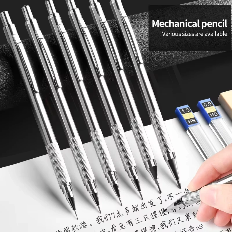 Matita meccanica in metallo 0,3/0,5/0,7/0,9/1,3/2,0 mm Set di matite HB automatiche per disegno con mine per ufficio, scuola, scrittura, materiale artistico