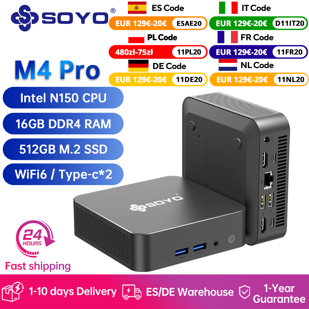 SOYO M4 PRO Mini PC Intel Alder Lake N150 16GB DDR4 512GB SSD WiFi 6 BT5.2 Win11 Pro Mini Computer portatile Desktop portatile
