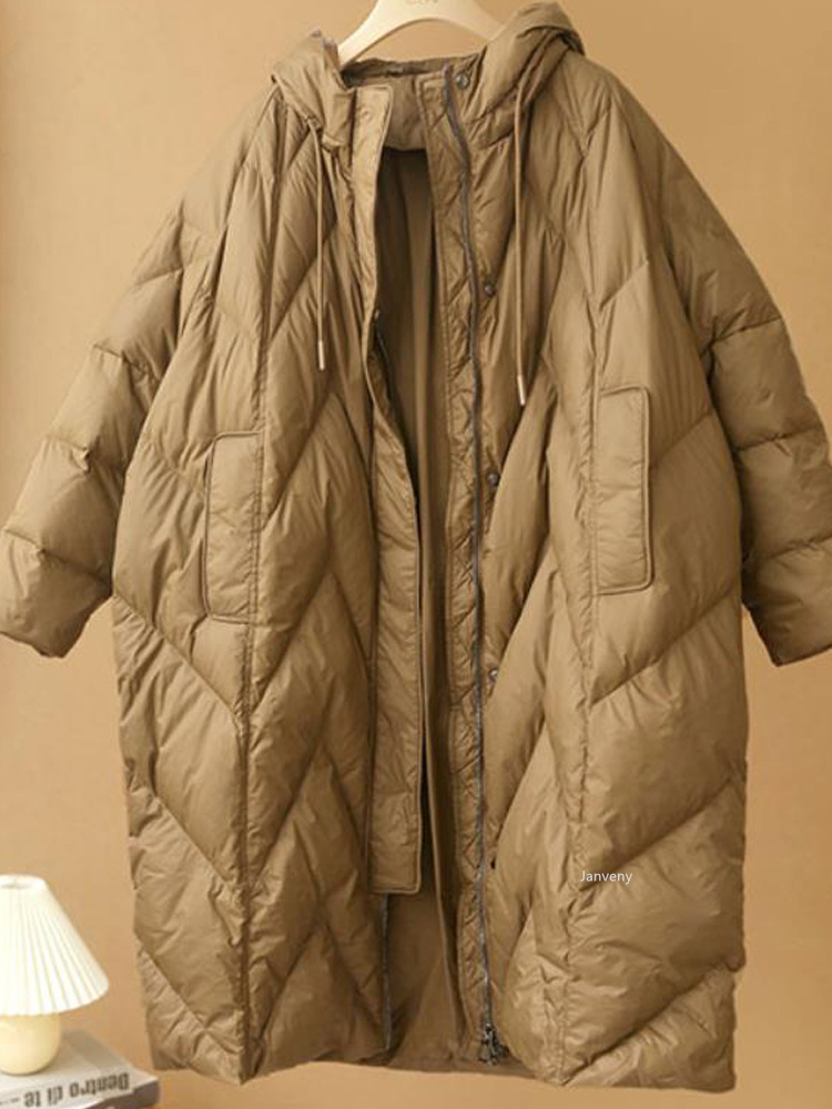 女性ルーズロングコート 90% ホワイトダックダウンジャケット女性 2024 冬の女性のオーバーコート冬のフード付きフグフェザーパーカー