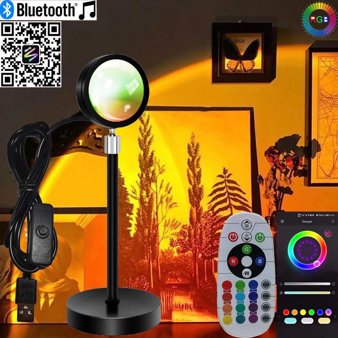 Tragbare LED-RGB-Sonnenuntergang-Projektorlampe mit Bluetooth-App, Fernbedienung, USB-Fotografie und rhythmische Disco-Beleuchtung für Selfie