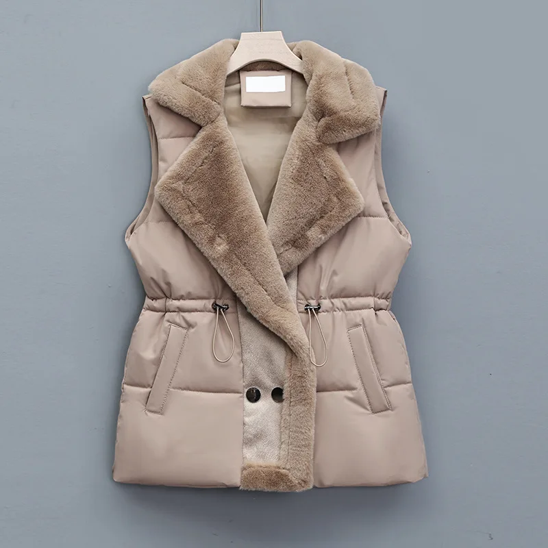 Chaleco de algodón con pelo de cordero para mujer, ropa de abrigo con solapa integrada de piel, otoño e invierno, 2024