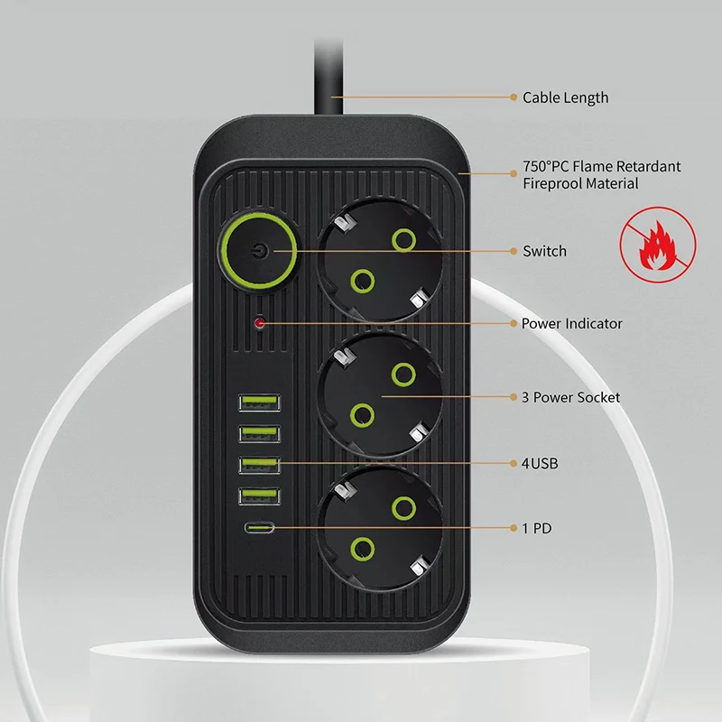 2/5M Wtyczka EU Gniazda AC Przedłużacz gniazda Multitap Listwa zasilająca z USB typu C Szybkie ładowanie Adapter filtra sieciowego