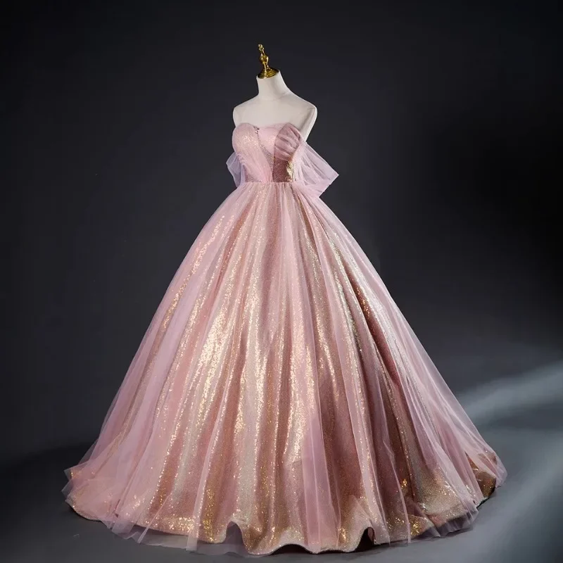 Vestido de gaze colorido personalizado, desempenho de palco, emagrecimento, moda feminina, temperamento, alça sem alças, sombreamento, vestido de estúdio