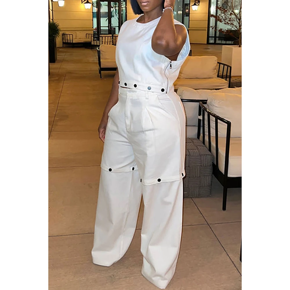 Calça destacável casual conjunto com bolso, gola redonda, plus size, branco, 2 pcs