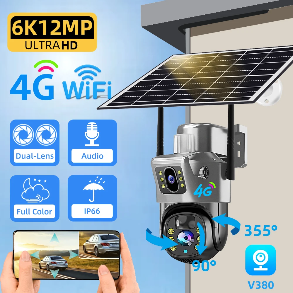 V380 PRO 12MP 4G Telecamera di sicurezza esterna Monitoraggio automatico Visione notturna 6K Doppia lente PIR CCTV Protezione di sicurezza