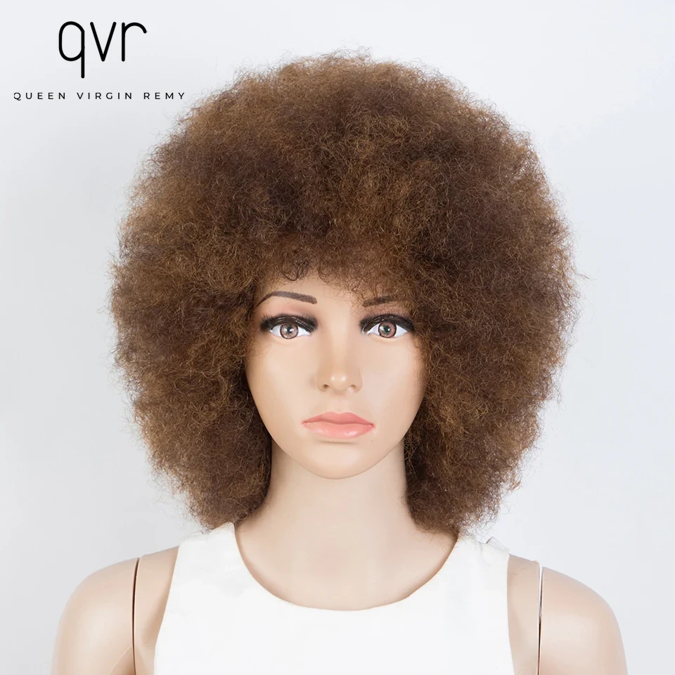 QVR วิกผมหยักศกทรงแอฟโฟรสั้นสำหรับผู้หญิงวิกผมหยิกแบบอัฟโฟรหนาวิกผม180% แบบฟูสั้น