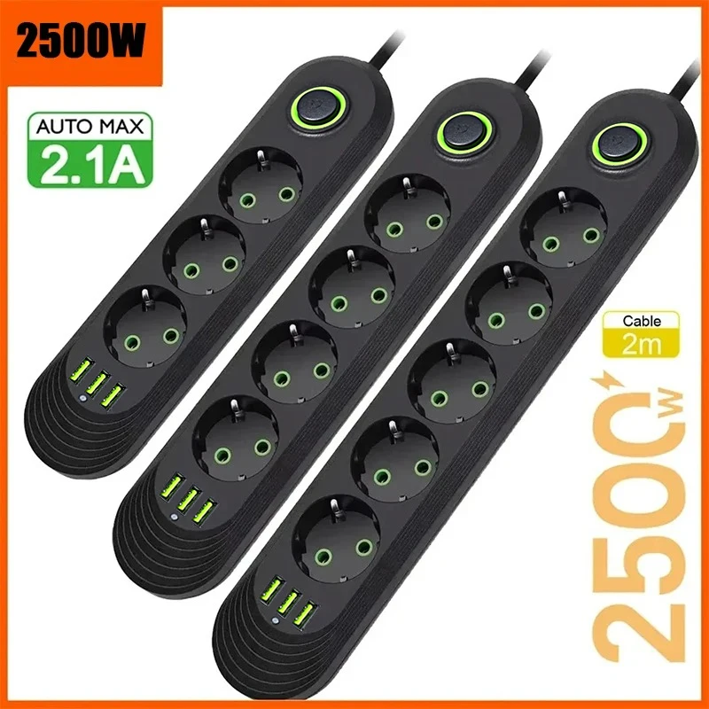 EU Plug 2500W 2M Extension Cable Power Strip Round Pin AC Outlet Electrical Charge Adapter Home USB Ports Fast Charging Socket