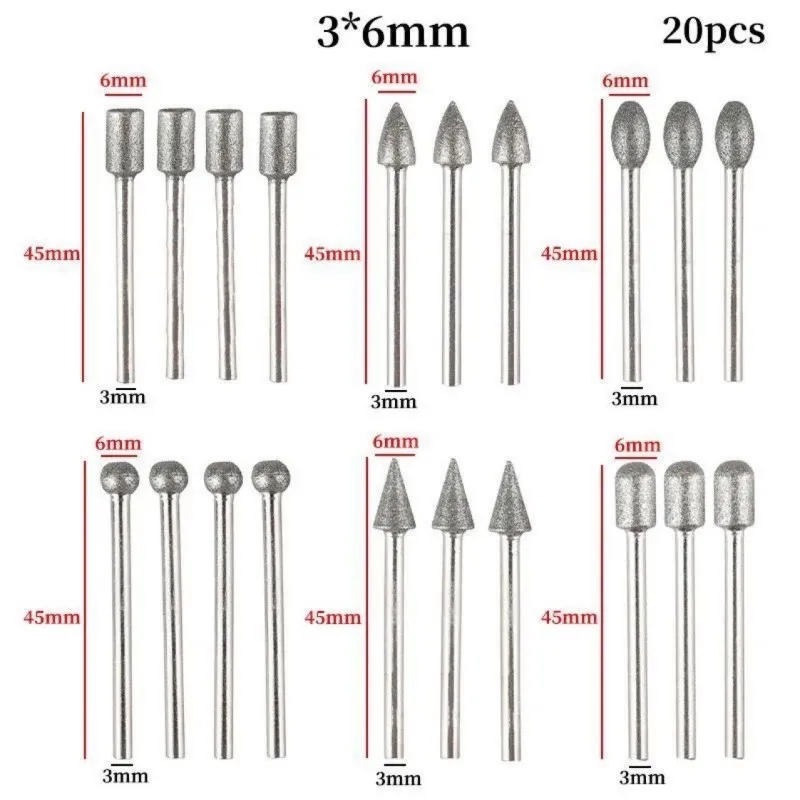 20 ชิ้นเพชรเจาะชุด Bit Mini เจาะ Burrs ชุด Bit สําหรับ Dremel Rotary เครื่องมือบดอุปกรณ์เสริม 3 มิลลิเมตร Shank
