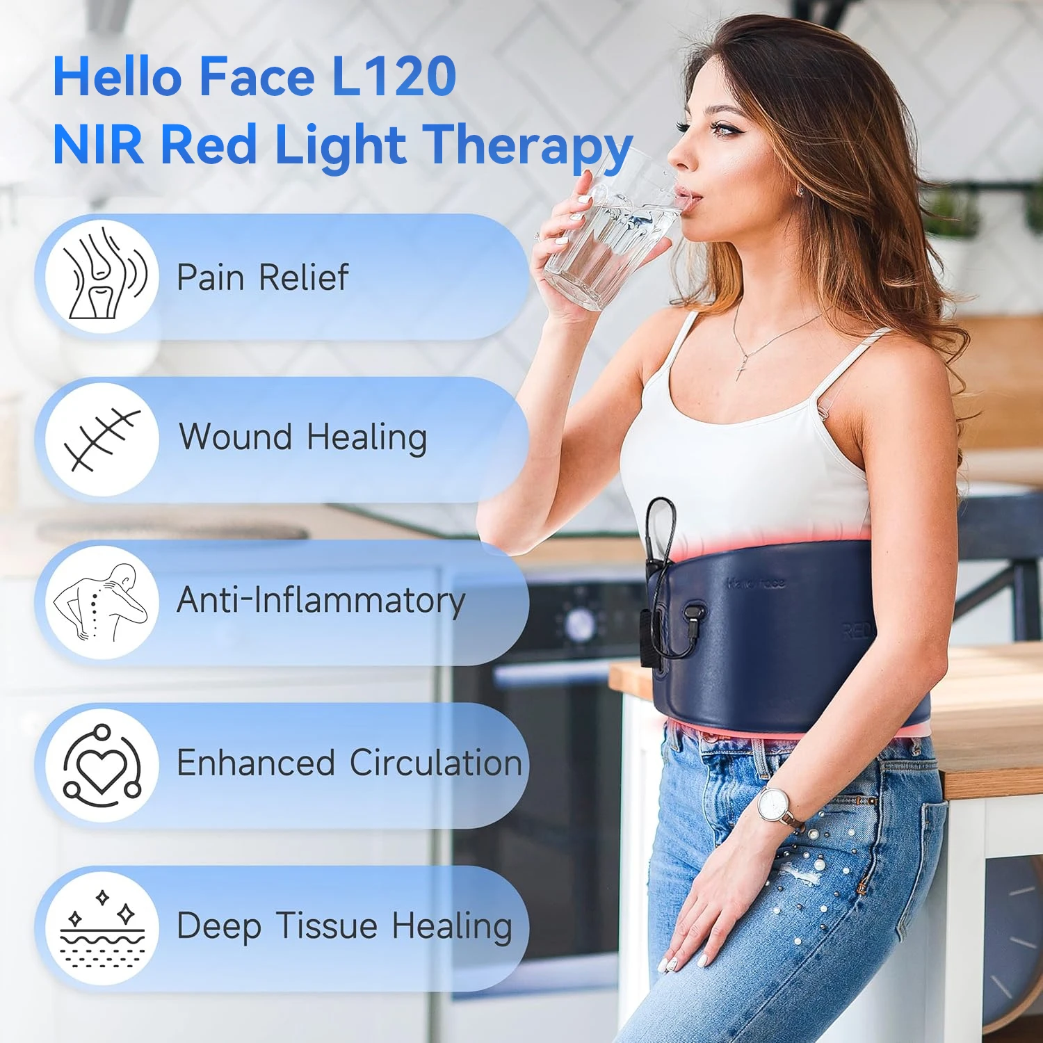 Rotlicht- und Nahinfrarot-Therapiegürtel, wiederaufladbares LED-Lichttherapie-Hüfpolster mit Lederstoff und Eisseiden-Lycra