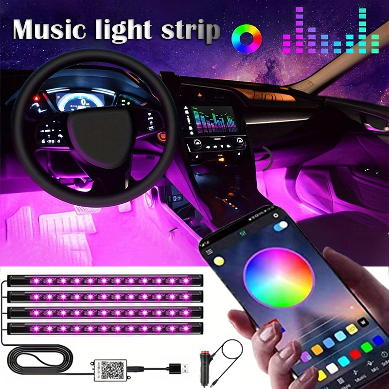 Tira de luces LED para música de coche, 48LED, USB, Bluetooth inteligente, Control por aplicación, resistente al agua, multicolor, RGB, tira de luces de ambiente Interior para coche