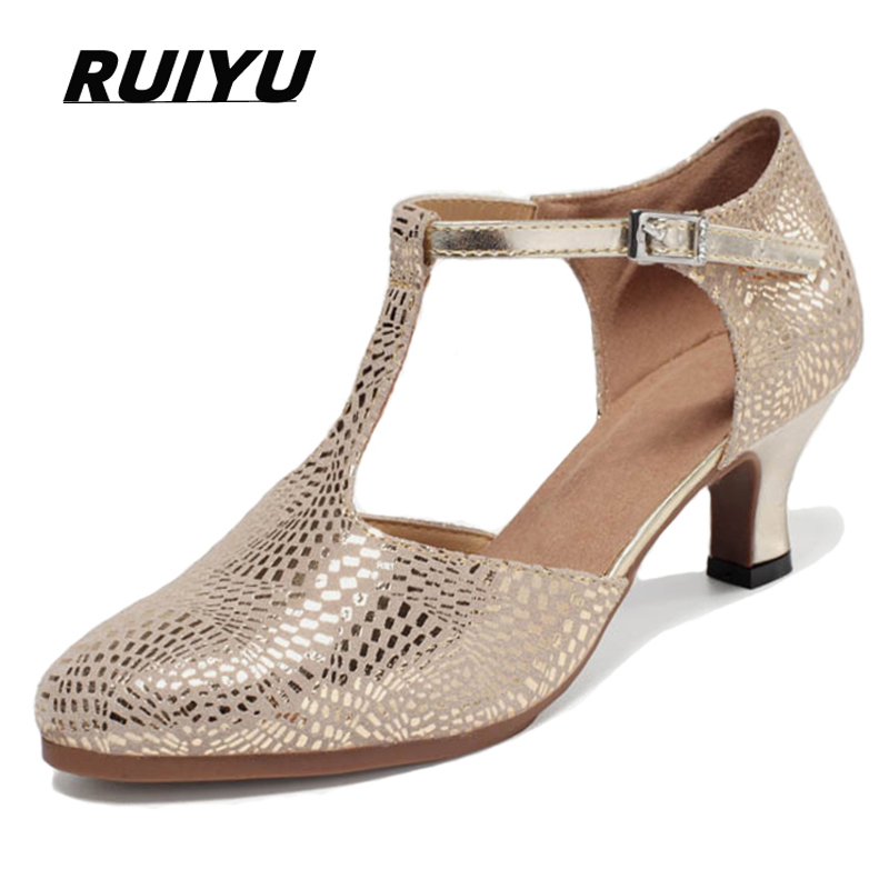 Zapatos de baile latino para mujer, zapatillas de baile de salón, Salsa, Tango, fiesta, cuero dorado, tacón alto, Punta cerrada, Jazz Entrega gratuita de zapatos de Mujer