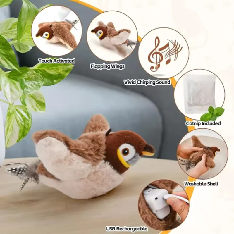 Hot Gesimuleerde Vogel Kat Speelgoed Interactief Speelgoed Hond Oplaadbare Tjilpen Klapperende Vogel (geen Vliegen) Touch Geactiveerd Pluche Huisdier Speelgoed