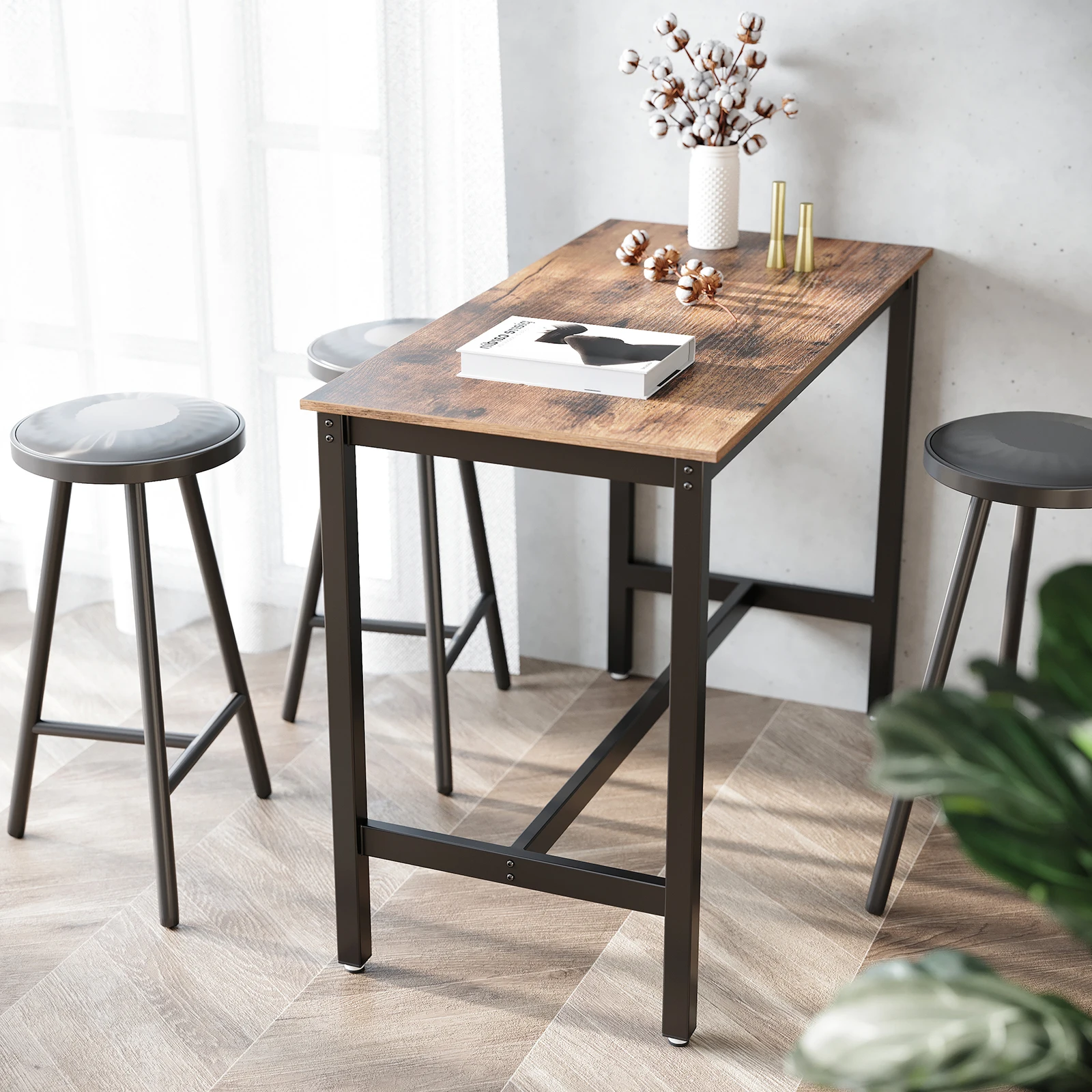 VASAGLE Bartafel Metaal Stabiel Staande tafel Cocktail Eenvoudige montage Houtlook Keukentafel Vintage