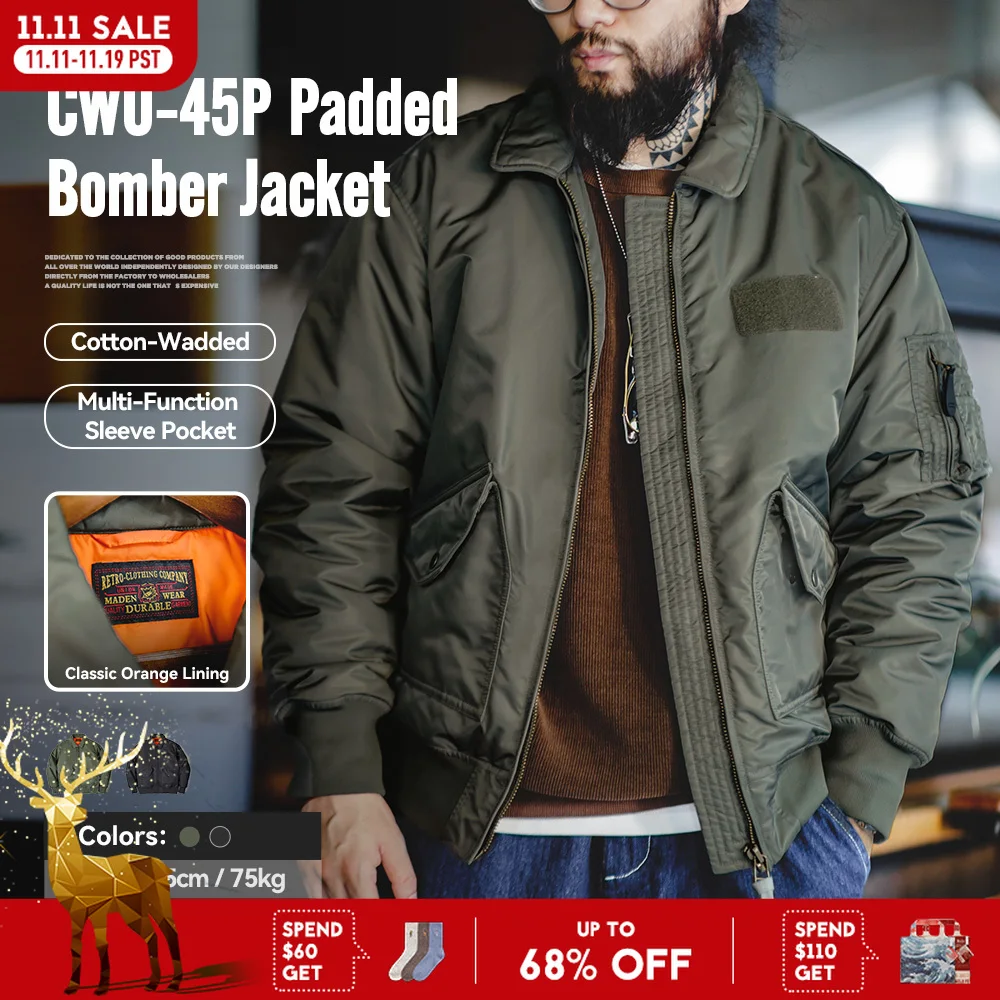 Maden Jaqueta masculina bombardeiro CWU-45P Casaco à prova de vento e reforçado para outono e inverno Forro laranja clássico Jaqueta de tecido impermeável de alta densidade