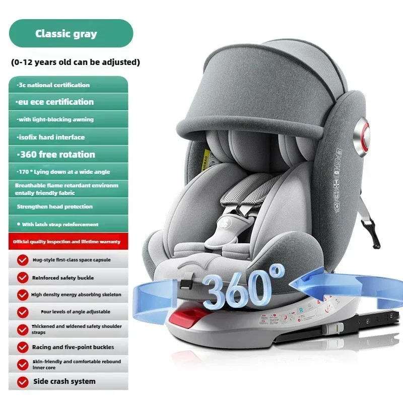 Sièges auto universels pour enfants, siège auto pour bébé, siège pour enfants de 0 à 12 ans, siège avec interface en acier ISOFIX pour nouveau-né, rotation à 360 °