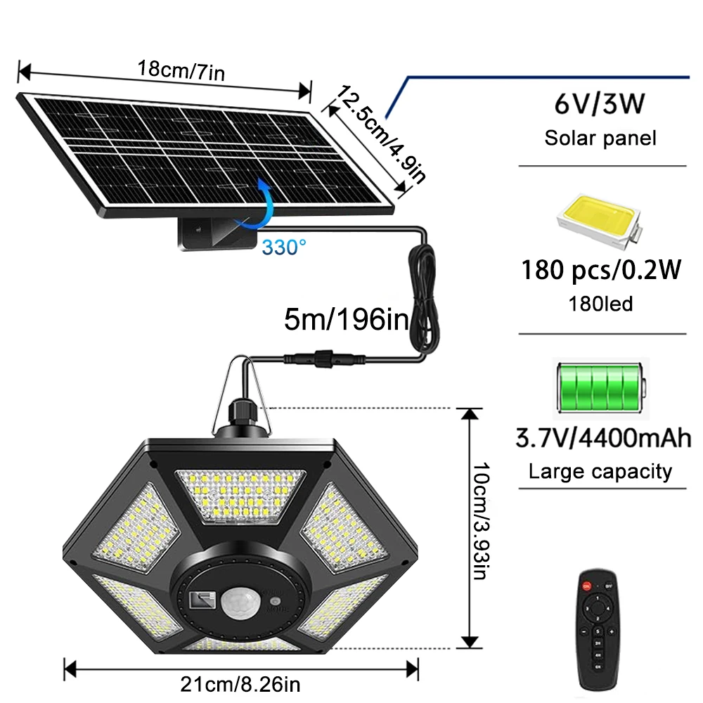 Sensore di movimento a sospensione a 228 LED per interni ed esterni con luce solare per capannone con telecomando impermeabile 5 modalità di illuminazione per giardino di gazebo di fienile