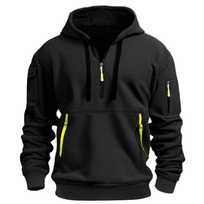 Moletom esportivo casual masculino primavera outono moda cor sólida pulôver de manga comprida com bolso no braço e corda de tração plus size