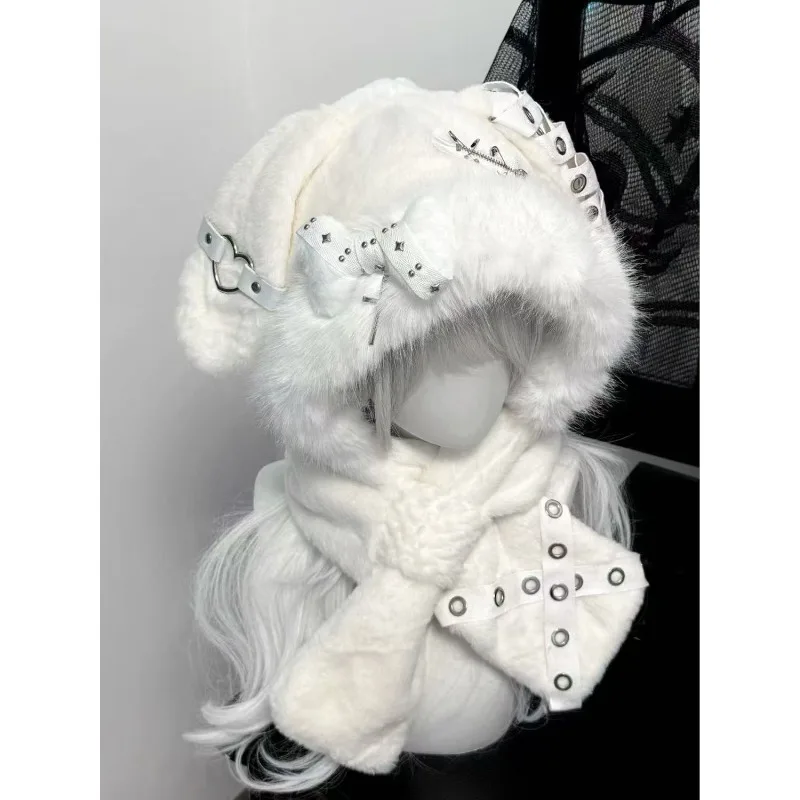 Mignon moelleux japonais Harajuku Y2K fille dentelle chapeau gothique lapin oreille hiver chaud tricoté moelleux os chapeau garder au chaud écharpe bonnet chapeau