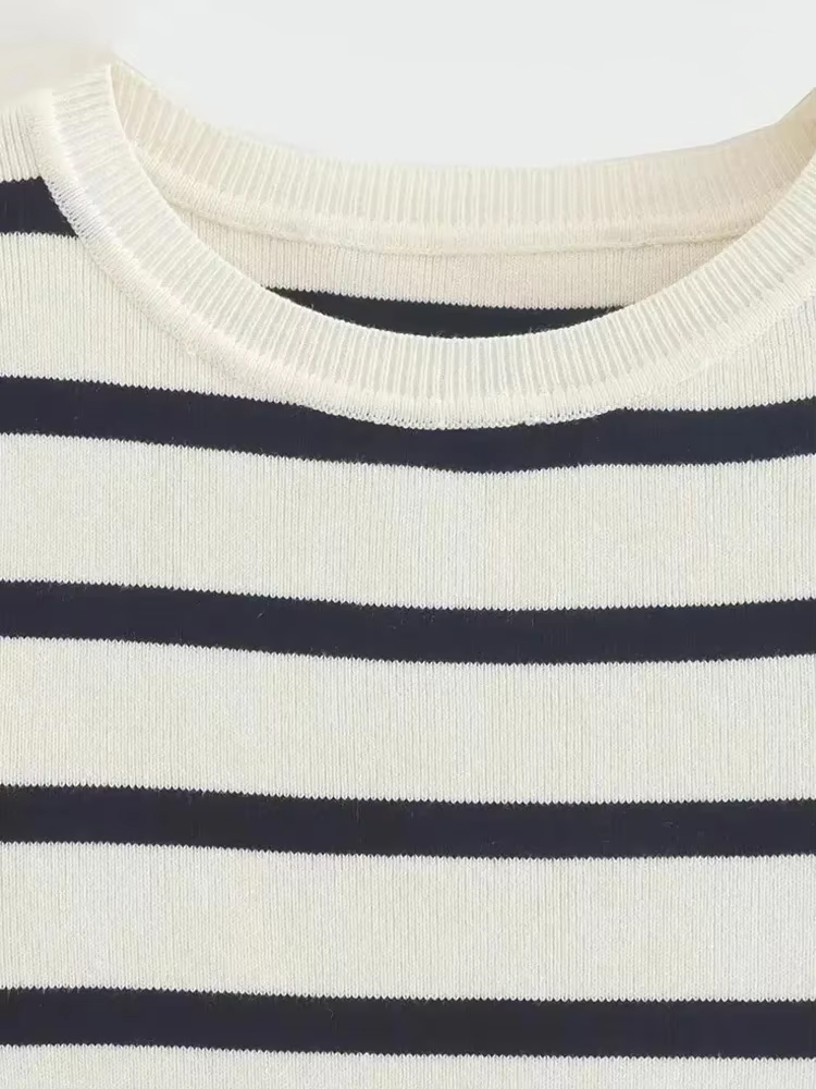 Damesmode Gestreepte Basic Cropped Gebreide Trui Vintage O Hals Korte Mouw Vrouwelijke Truien Chique Tops