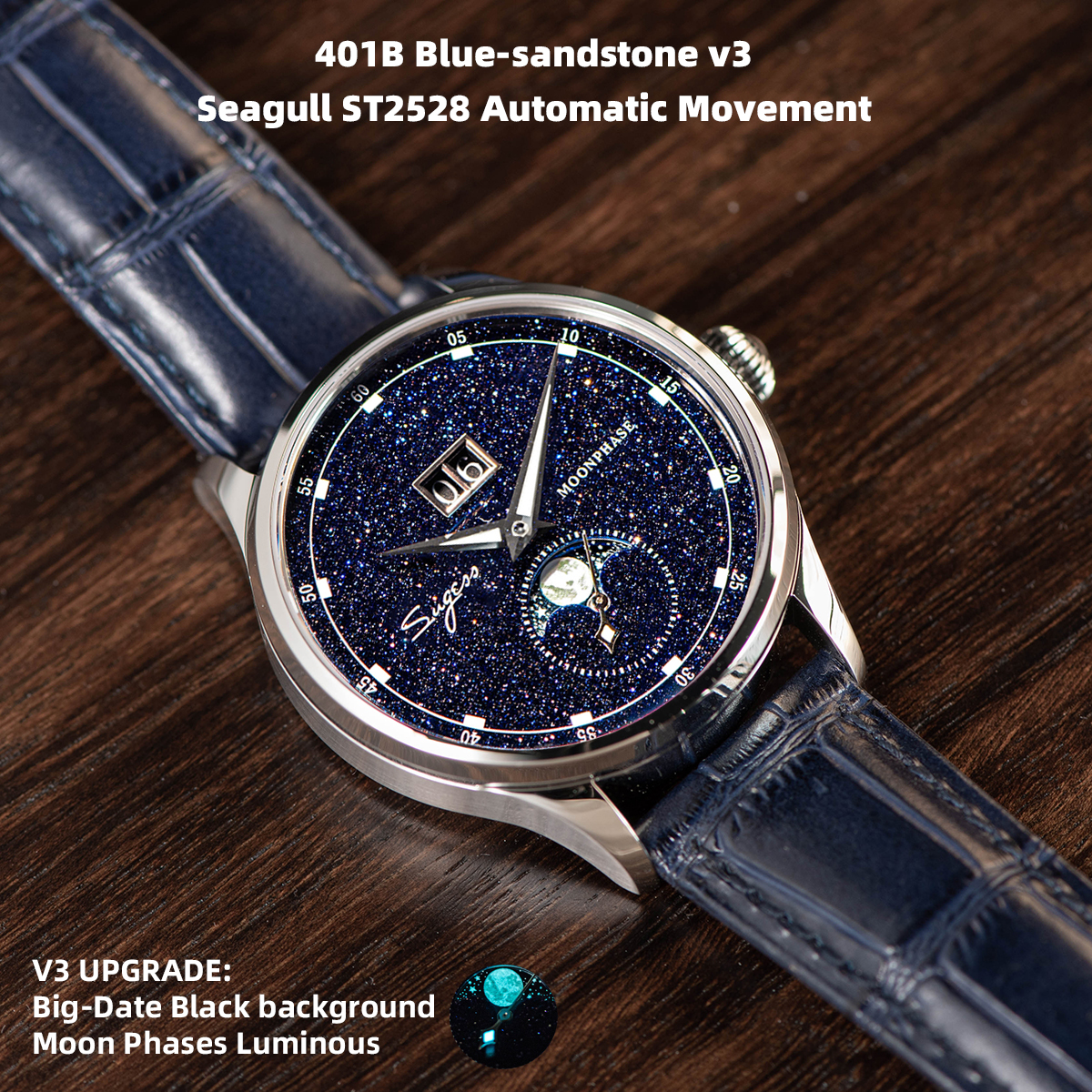 Reloj de pulsera mecánico Sugess Origin ST2528, reloj de lujo para hombre, esfera de piedra azul auténtica, caja de acero inoxidable, reloj de fase lunar