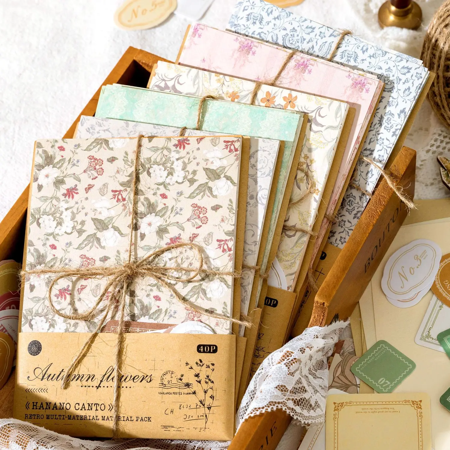 40 Sheets/set Hanano Chapter Series Material Pack Art Light Retro Floral Tag DIY Message Memo Material Bag Decoration Collage