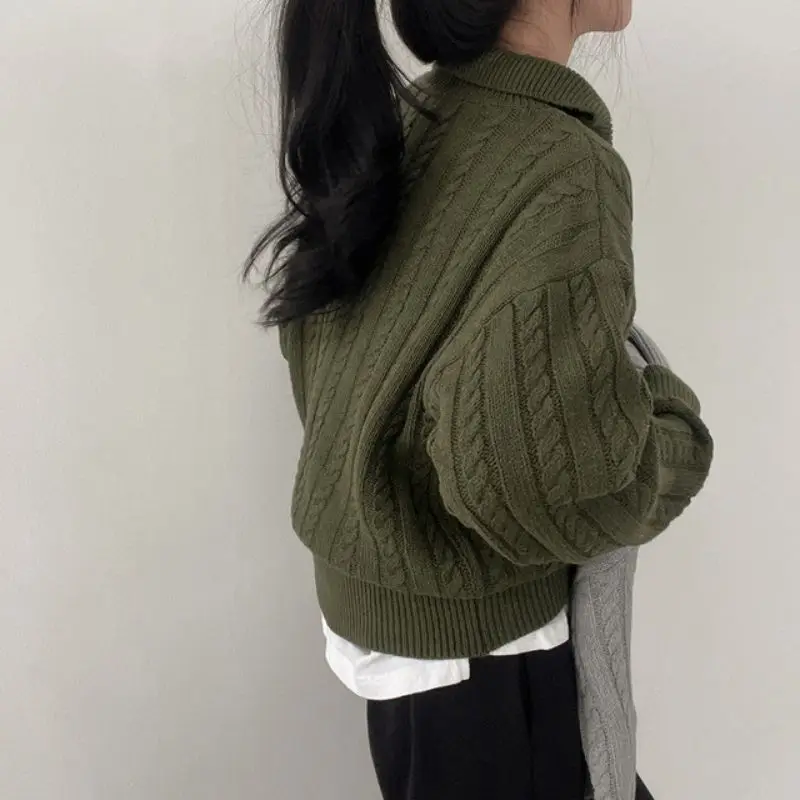 Deeptown moda coreana meio zíper suéteres feminino vintage torcido malha colheita pulôver casual sueter mujer manga longa topos
