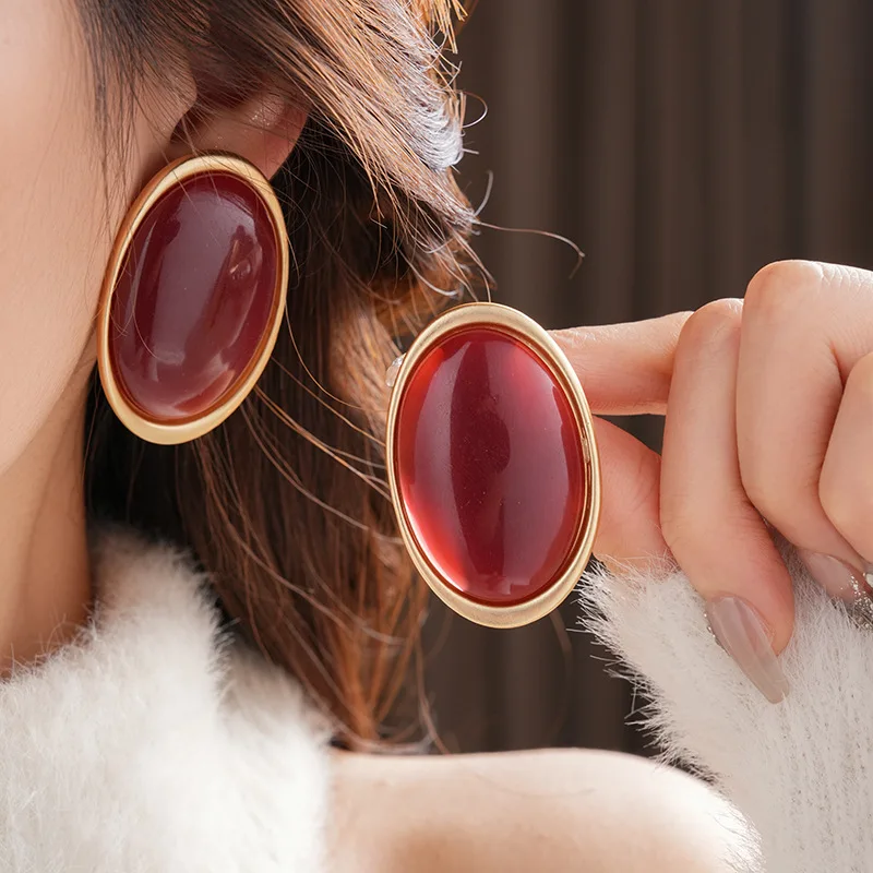 Pendientes Vintage de resina roja para mujer, aretes ovalados geométricos grandes de lujo, joyería para fiesta y boda, venta al por mayor