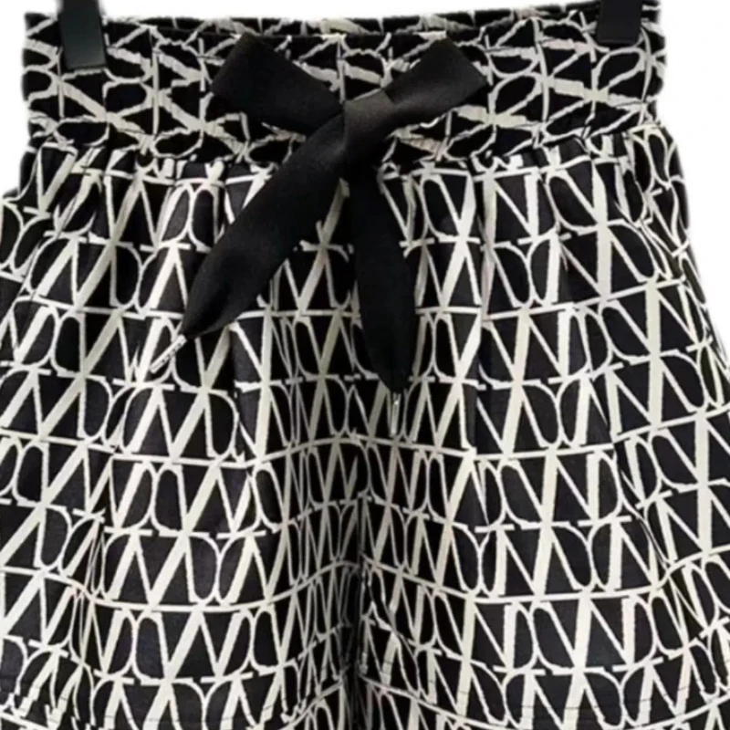 Calções com cintura elástica feminina com bolsos arco, cintura alta, solto, perna larga, casual, versátil, moda coreana, verão