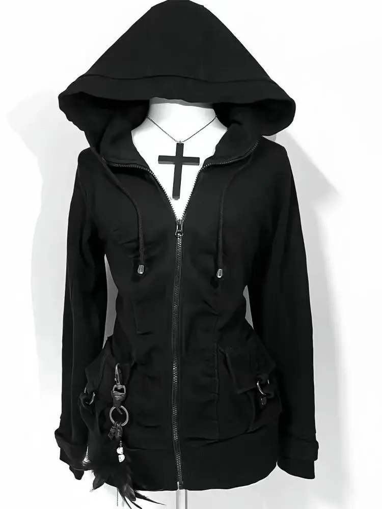 Sudadera con capucha informal para mujer, sudaderas góticas Retro, estilo Punk Hip Hop, cárdigan multifuncional de calle alta, nueva tendencia, color negro