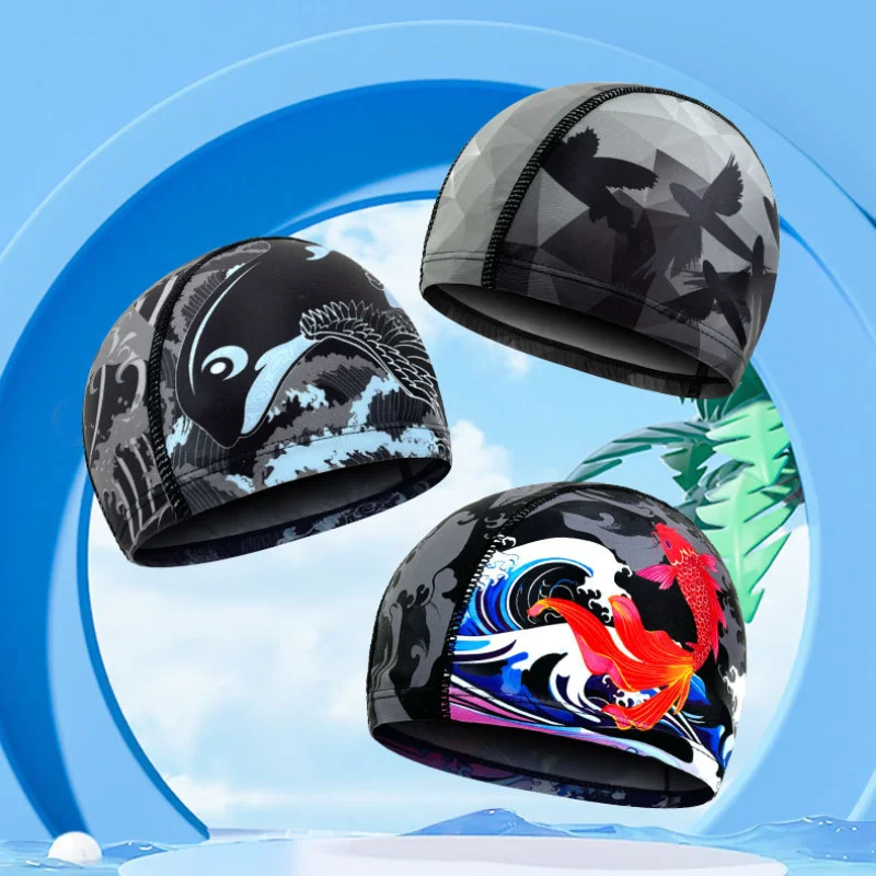 หมวกว่ายน้ํา Quick Dry Breathable พิมพ์หมวกว่ายน้ําสําหรับผู้ชายผู้หญิงผมยาวป้องกันหูผู้ใหญ่หมวกว่ายน้ําอุปกรณ์สระว่ายน้ํา