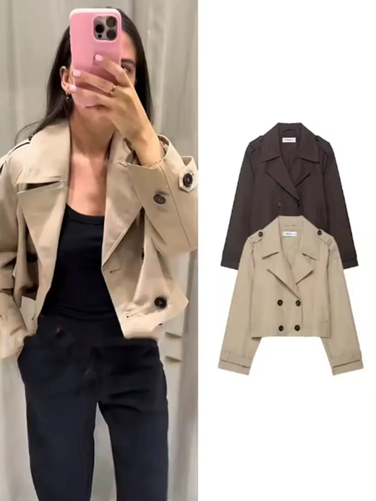 Moda lapela curto trench coats feminino duplo breasted bolsos jaquetas feminino outono inverno nova senhora do escritório sólido outwear ﻿