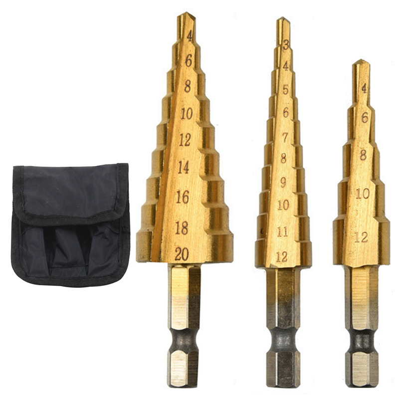 3PC Titanium Plated Step Drill 3-12/4-12/4-20mm Hexagonal Handle Straight Groove Pagoda Drill Hole Drill Tool Bag Set