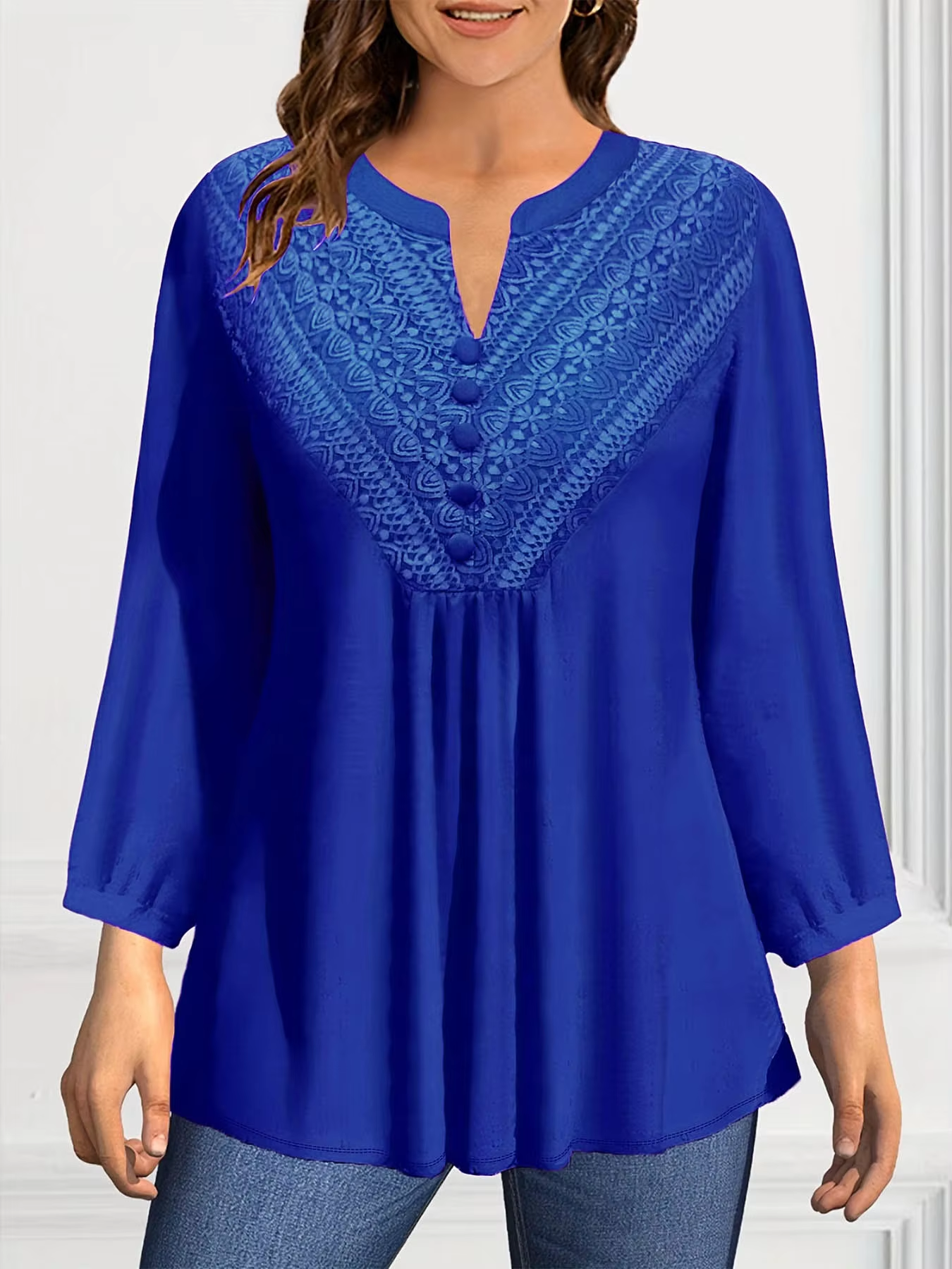 Frauen Casual Plus Größe Blusen Taste V-ausschnitt Spitze Elegante Casual Solide Plissee Mode Langarm Herbst Shirts Tops 2025
