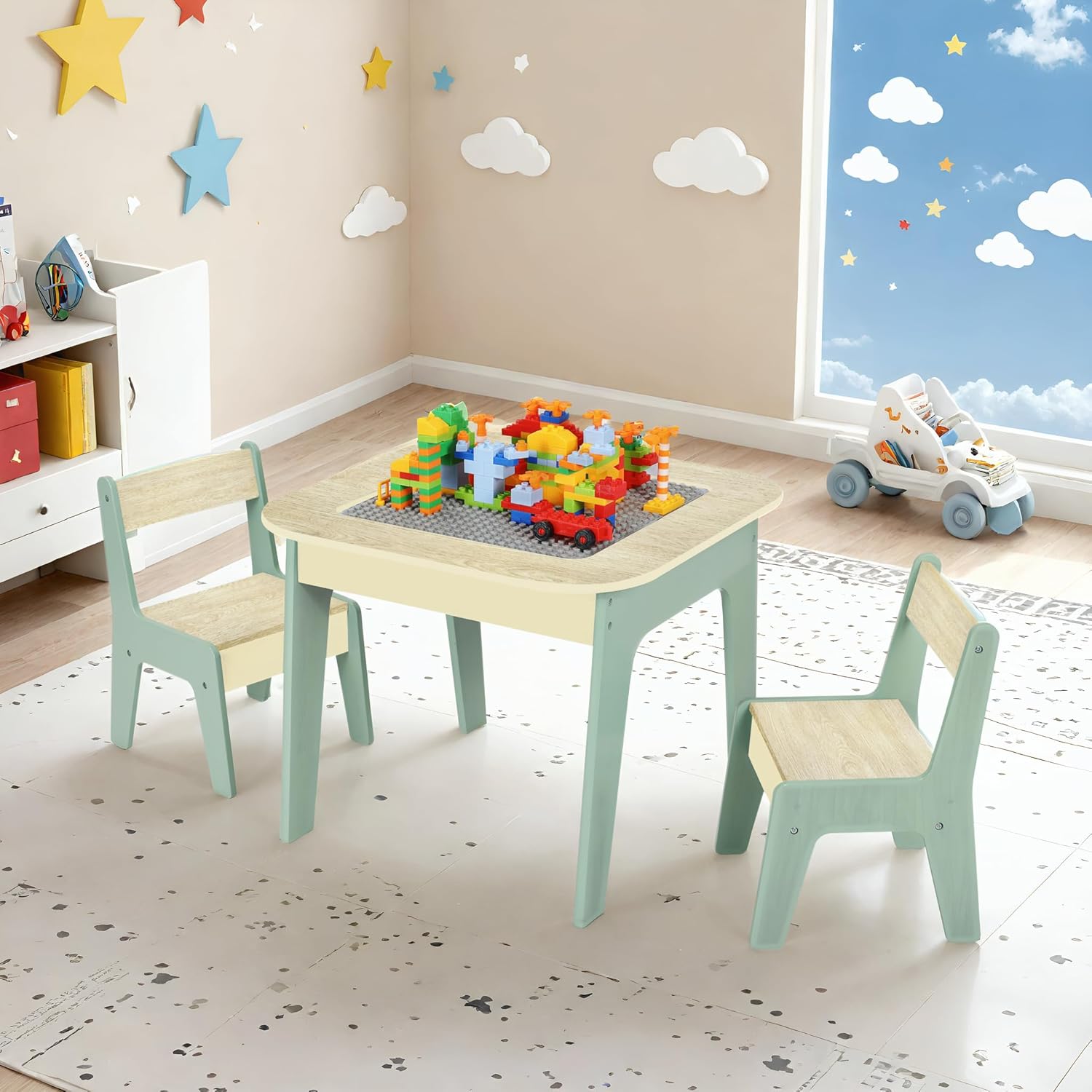 Table d'activité pour enfants et 2 chaises avec rangement, plateau de bloc de construction en bois 2 en 1 pour arts, artisanat, lecture, préscolaire