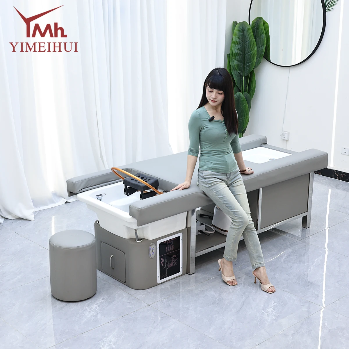 ใหม่ 2 in 1 Hairwash ไฟฟ้าพนักพิงยกหัวญี่ปุ่นสปาเตียงนวดและ Treatment เตียงเท้า