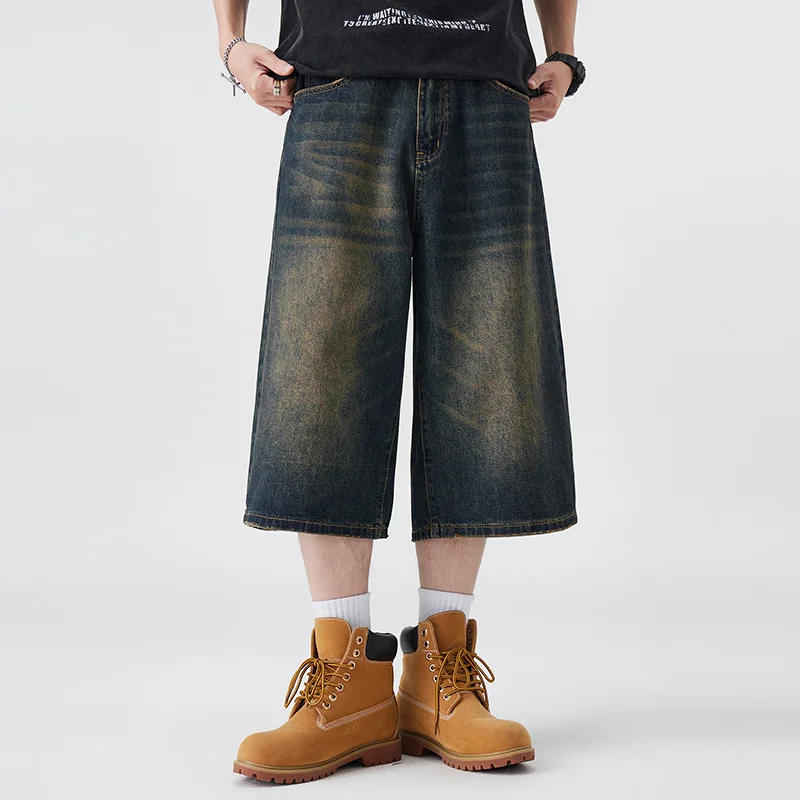 Pantalones cortos de mezclilla no elásticos Seven-Five para hombre, pantalones cortos informales de estilo simple y versátiles con ajuste de pierna ancha y suelto