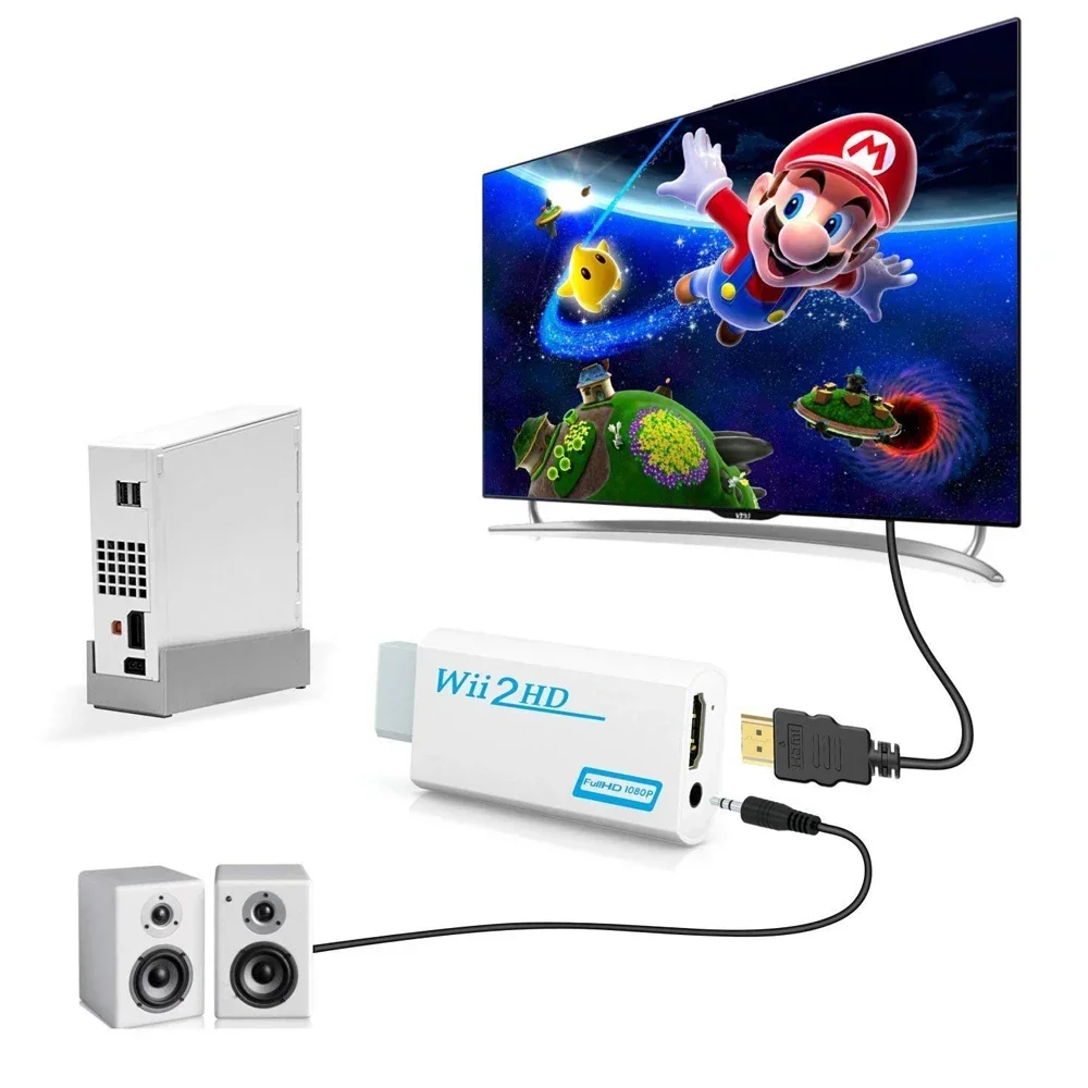 1080p full hd adaptador conector 3.5mm áudio de vídeo para pc hdtv monitor wii2hdmi-compatível wii para hdmi-conversor compatível