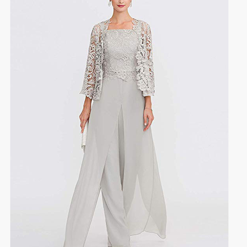 Grau Spitze Mutter der Braut Kleider Elegante Chiffon Appliqued Langarm Bräutigam Kleider Mit Jacke 3 Stück Plus Größe hochzeit