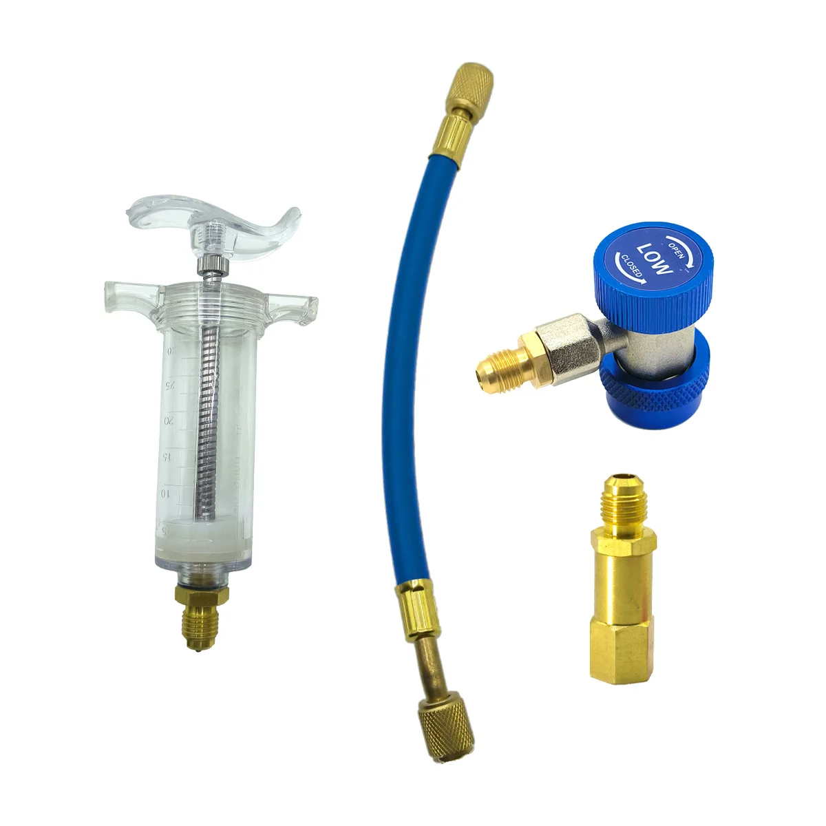 Wtryskiwacz oleju/barwnika do klimatyzacji samochodowej 30 ml 1 uncja z adapterem szybkiego łącznika niskiego boku 1/4 Strzykawka do wtrysku olejarki samochodowej do klimatyzacji