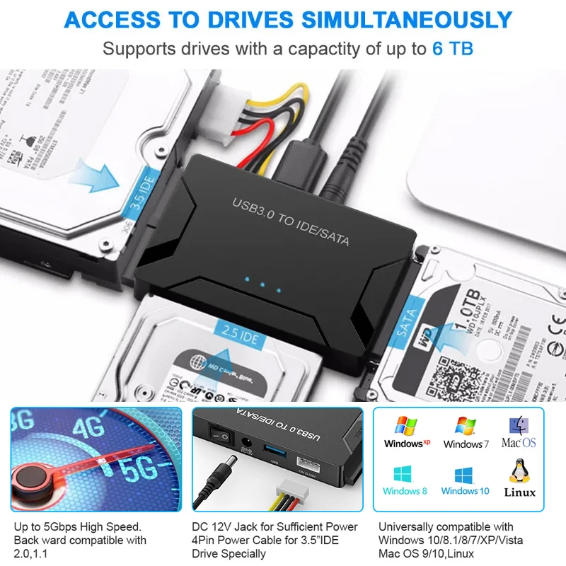 SATA/IDE zu USB 3.0 Adapter Festplattenadapter Konverter für Universal 2,5/3,5 Zoll IDE SATA HDD SSD mit 12V 2A Netzteil