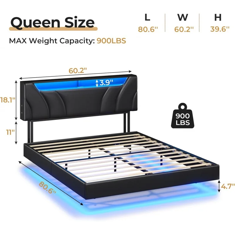 DIAC Storage Headboard and Lights Queen Size Visual Floating LED Bed Frame with Type-C &
