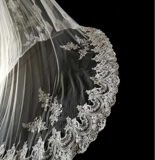 Véu de noiva longo, 5m, 4m, 3m, renda, apliques, borda 1 t, tule, catedral, com pente, marfim, branco, voile de novia