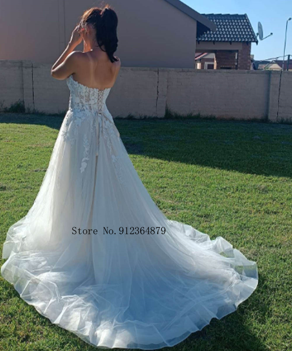 Popular Strapless V-neck 3D Flower Lace Applique A Line Wedding Dresses Sweep Train Custom Made 2025 Vestido De Noival