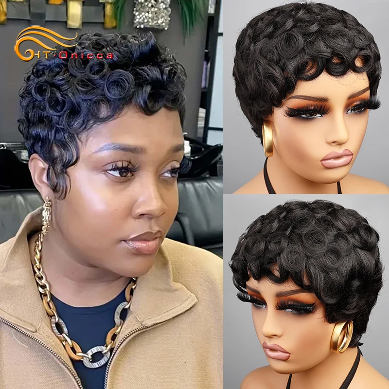 Pixie corte perucas 100% perucas de cabelo humano curto encaracolado pixie corte perucas para preto feminino completo máquina feita peruca pixie encaracolado preto 1b cor