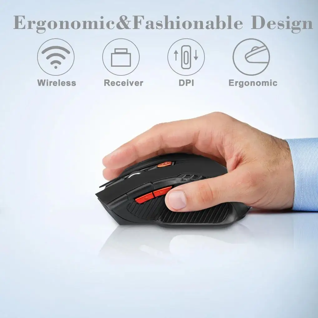Mouse wireless 2.4G Mouse ottico 1600 DPI Mouse da gioco per computer Mouse wireless a 6 pulsanti con ricevitore USB