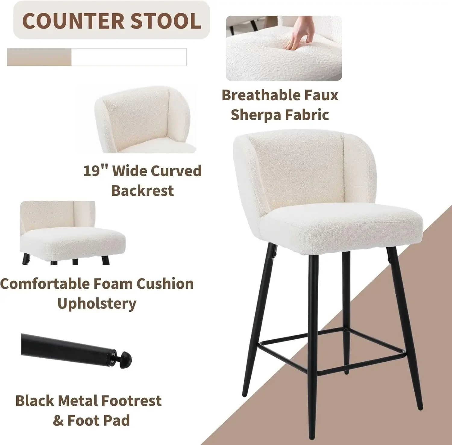 Modern Counter Height Bar Stools Set of 4, 26 Inch Faux Sherpa Upholstered Bar Stools with Back, 18" Seat Wide Island Stools