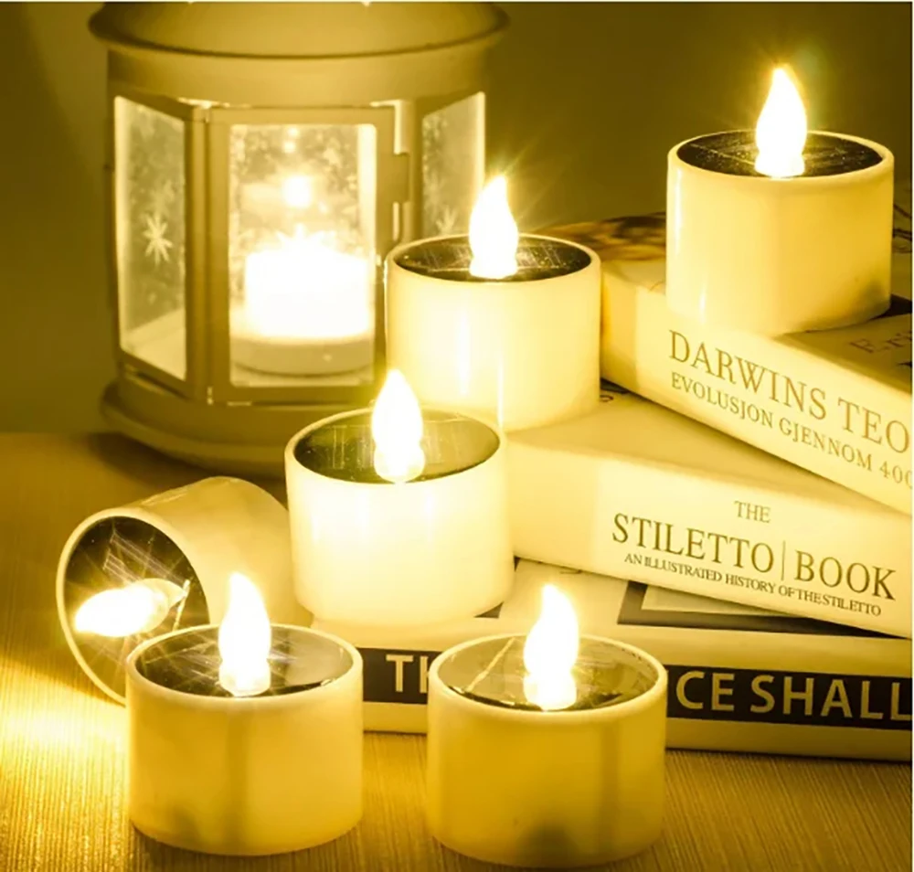 Velas LED solares de té para exteriores, luces de té solares sin llama impermeables, velas recargables para fiesta, jardín, decoración del hogar, 1-6 uds.